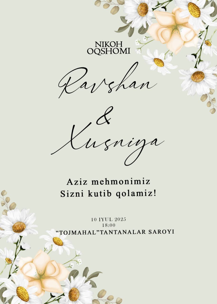 🌿 Nikoh Taklifnomasi — "Ravshan & Xusniya" PSD Shablon