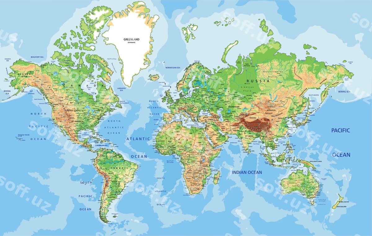 Jismoniy dunyo xaritasi Mercator proektsiyasi | Physical world map mercator projection