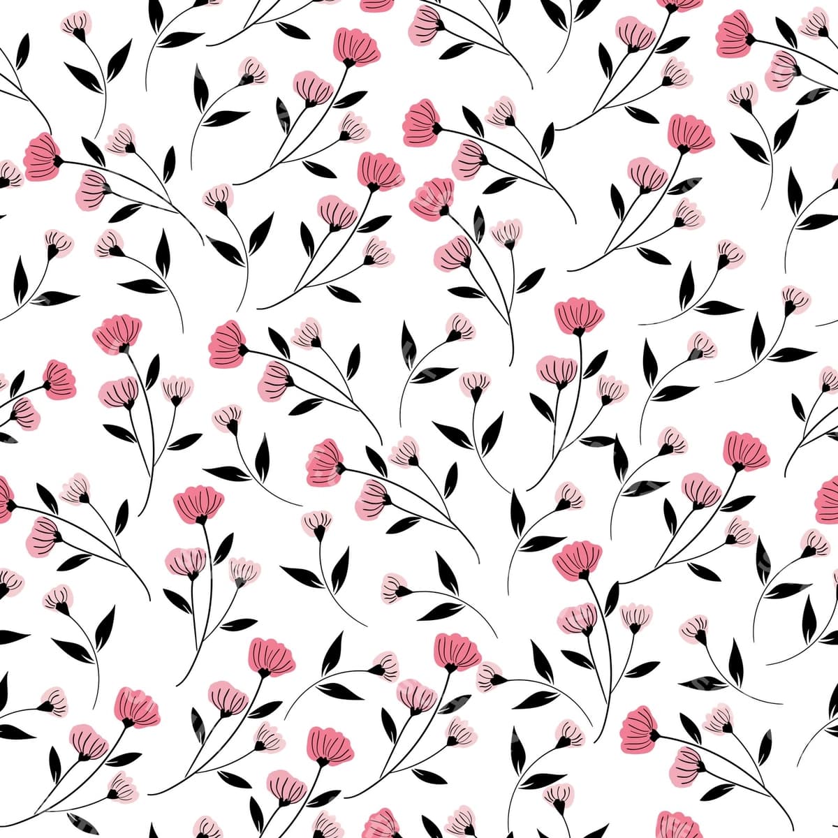 Pushti gul qora barglar uzilsiz naqsh | Pink flower black leaves seamless pattern
