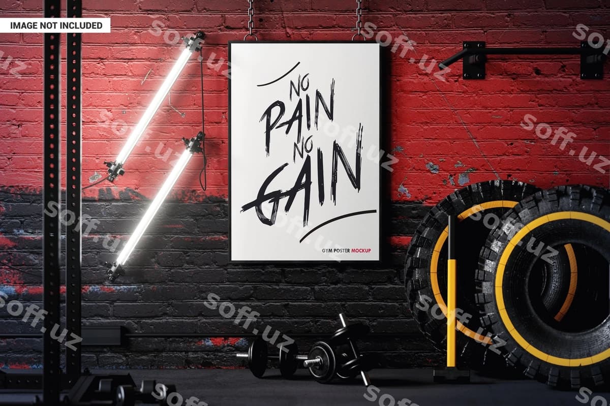 Poyezr ramkasi zinapoylar jim namunasi | Poster frame chains gym mockup