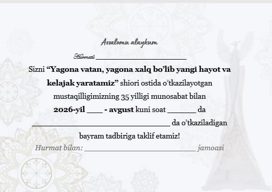 Taklifnoma Mustaqilligimizning 35 yilligi tadbiriga