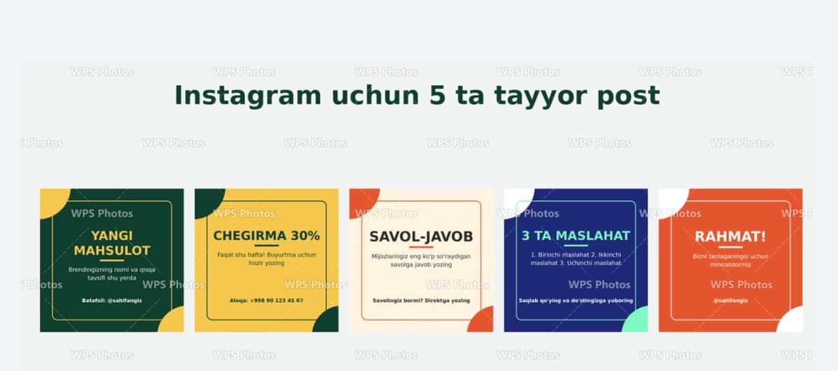 Biznes sahifa uchun 5 ta Instagram post dizayni
