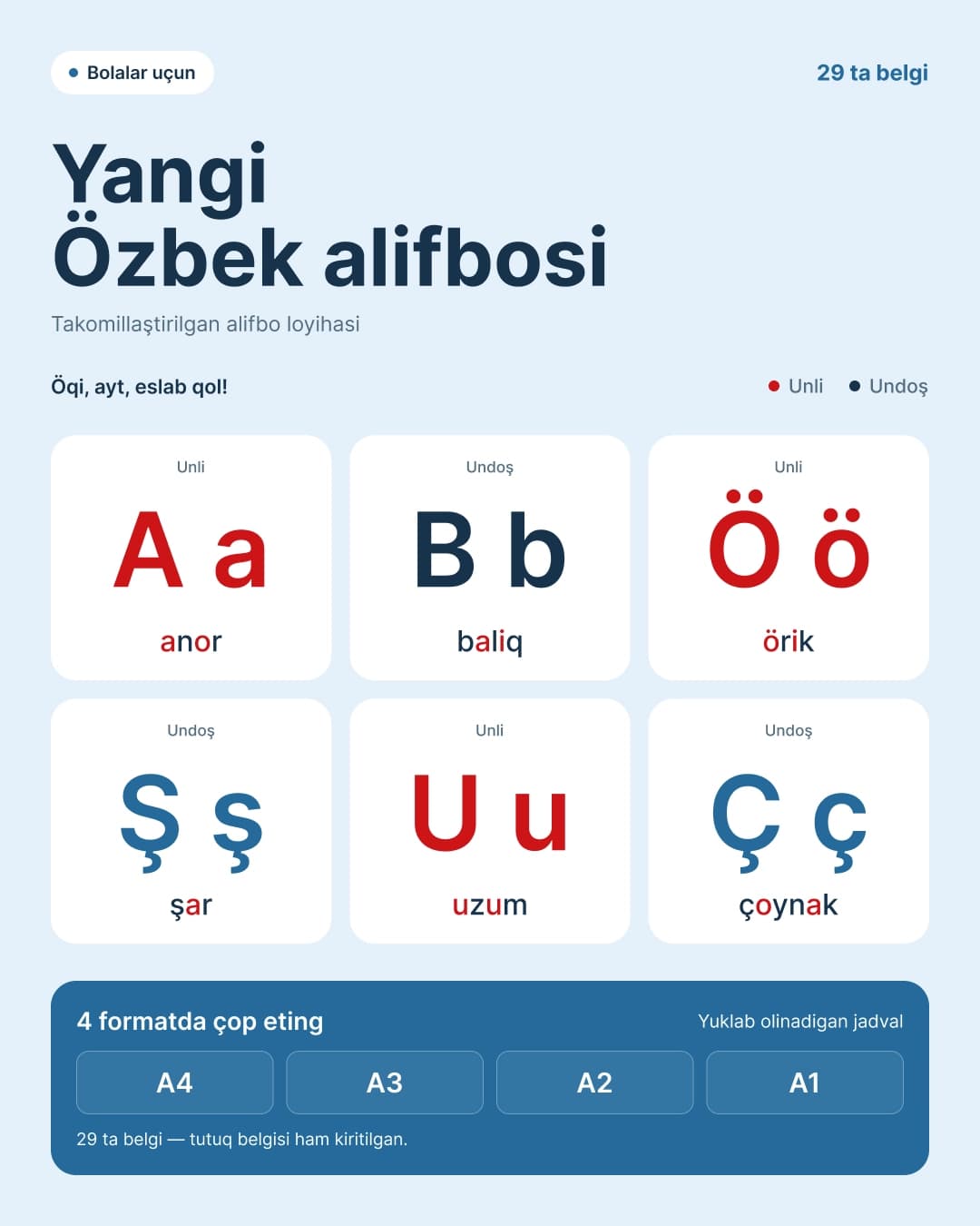 Yangi O'zbek Alifbosi Jadvali. Unli harflar ajratilgan, misol uchun so'zlar berilgan. A4, A3, A2, A1 formatda.
