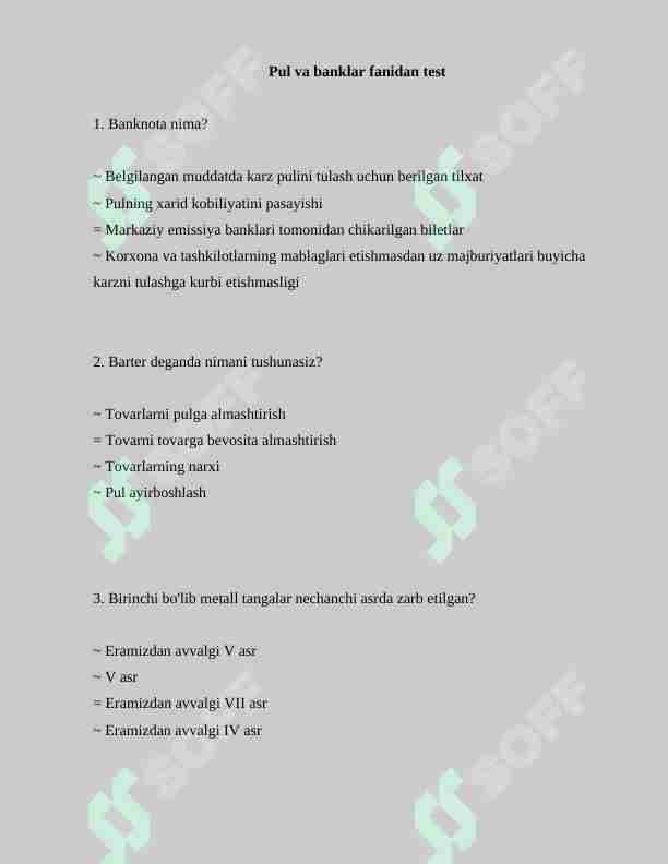 pul va banklar fanidan 100 talik test javoblari bilan