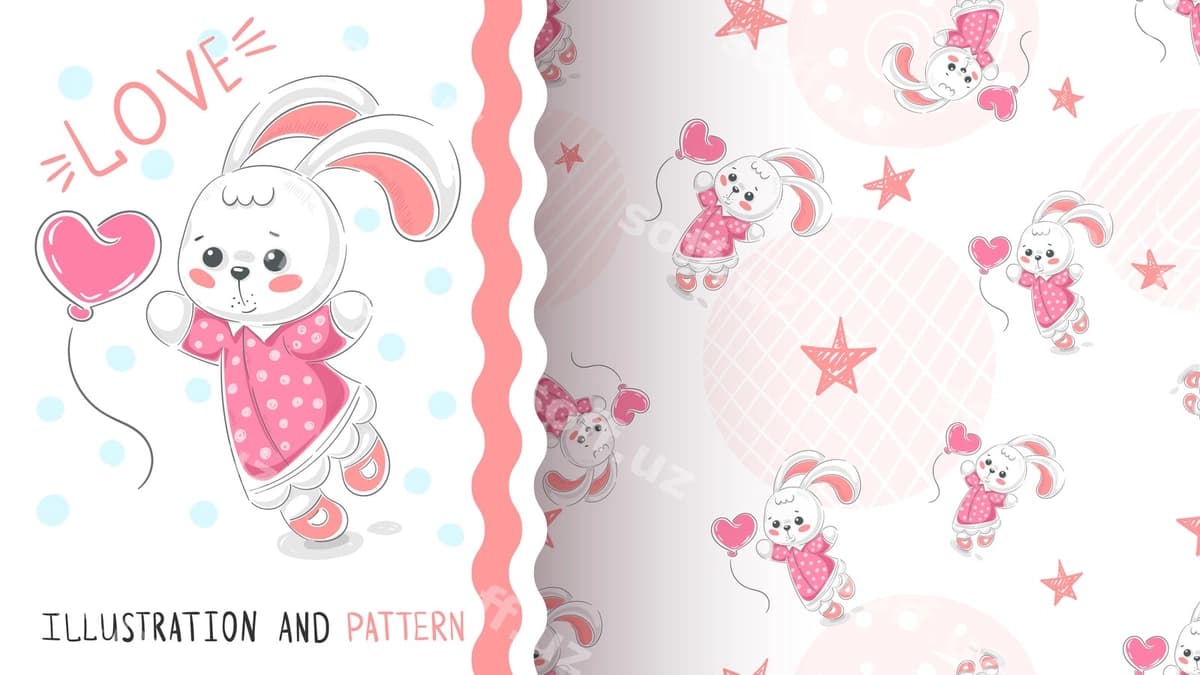 Tulki yurak bilan joyiqsiz naqsh | Rabbit with heart seamless pattern