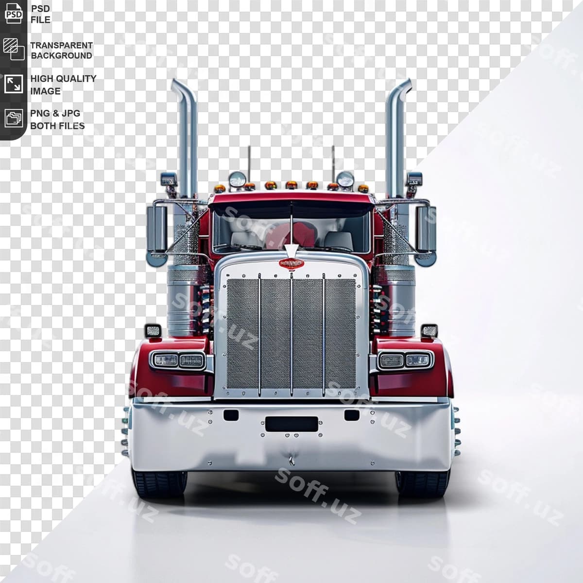 Qizil oq yuk avtomobili oldida so'z so'z yozilgan | Red white semi truck with word word front