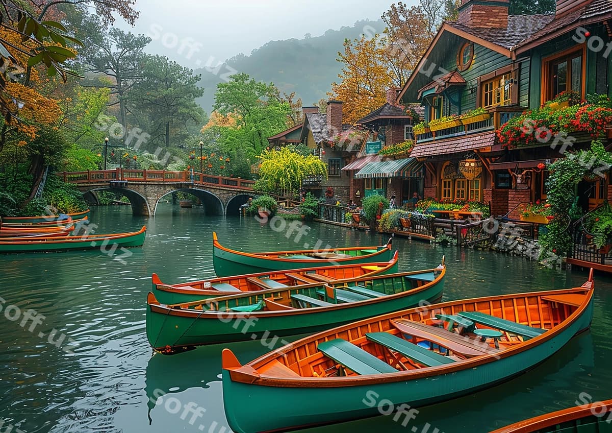 Qator yashil qodiqchilar ko'prik orqa fonda | Row green boats with bridge background