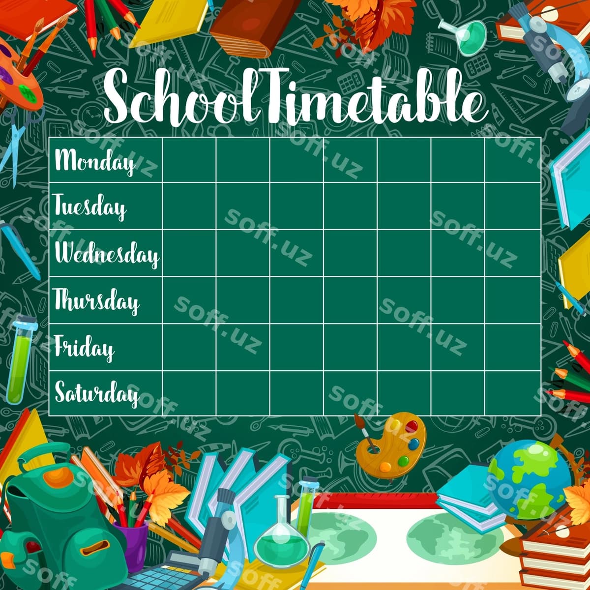 Maktab vektor jadvali yashil chalka doskasi | School vector timetable green chalkboard