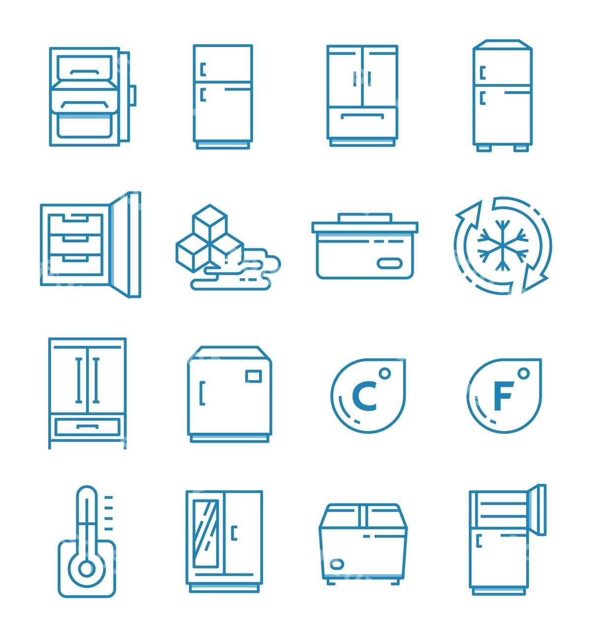 O'rnatish soyuqlik ikonkalari chiziqli uslubda | Set fridge icons with outline style