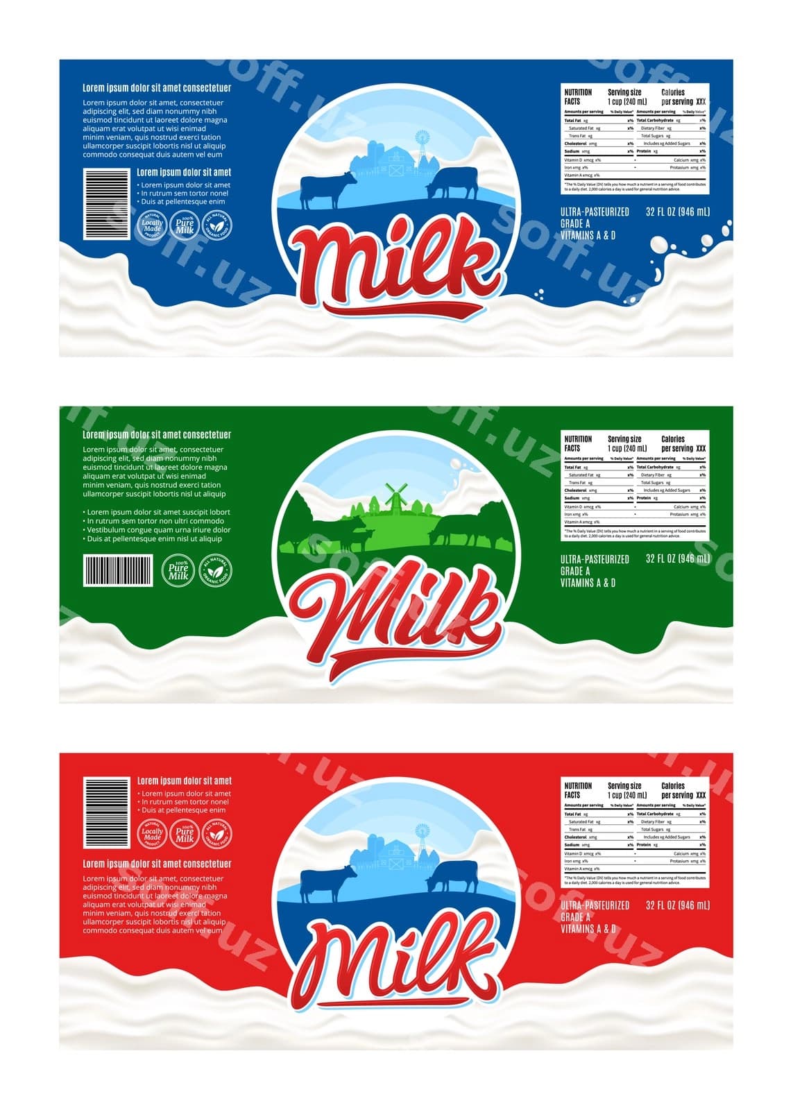Gorizontal vektor sut etiketlarini oʻrnatish | Set horizontal vector milk labels