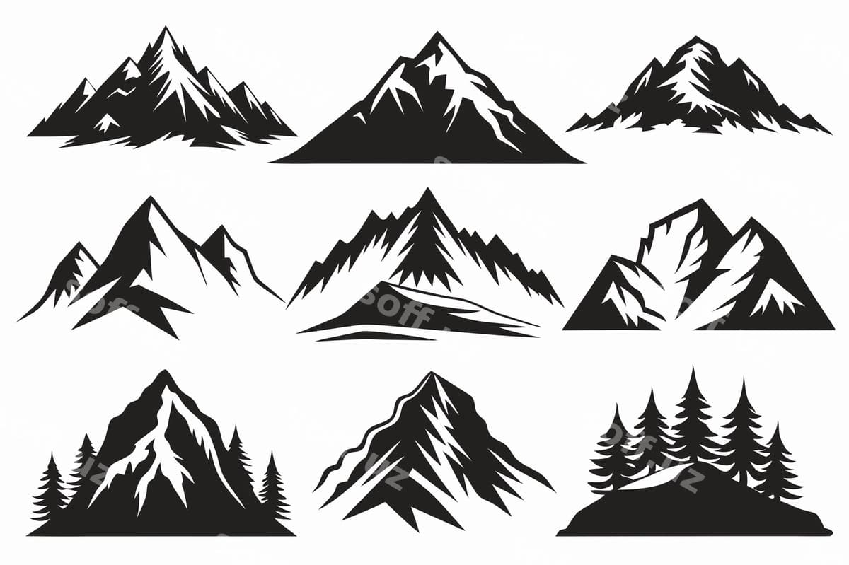 Qora va oq orqa fonda cho'lkalarni joylang | Set mountains with black white background