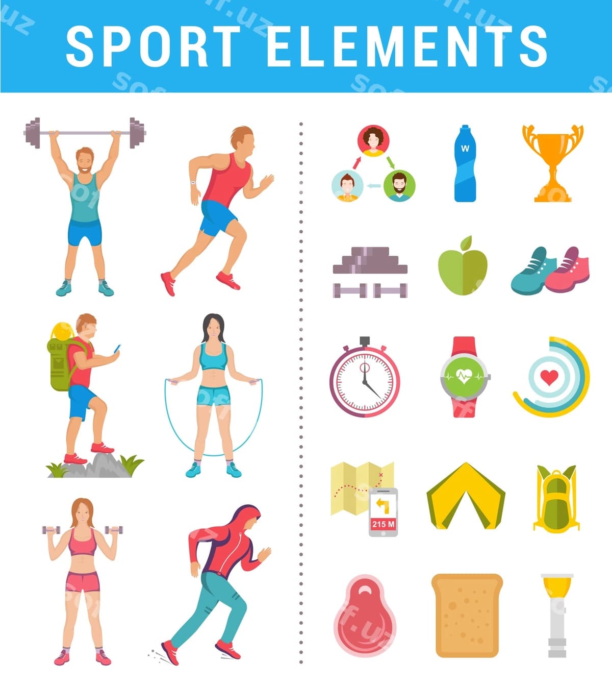 Sportchilarni ikonlar elementlari bilan joylash. | Set sport people with icons elements
