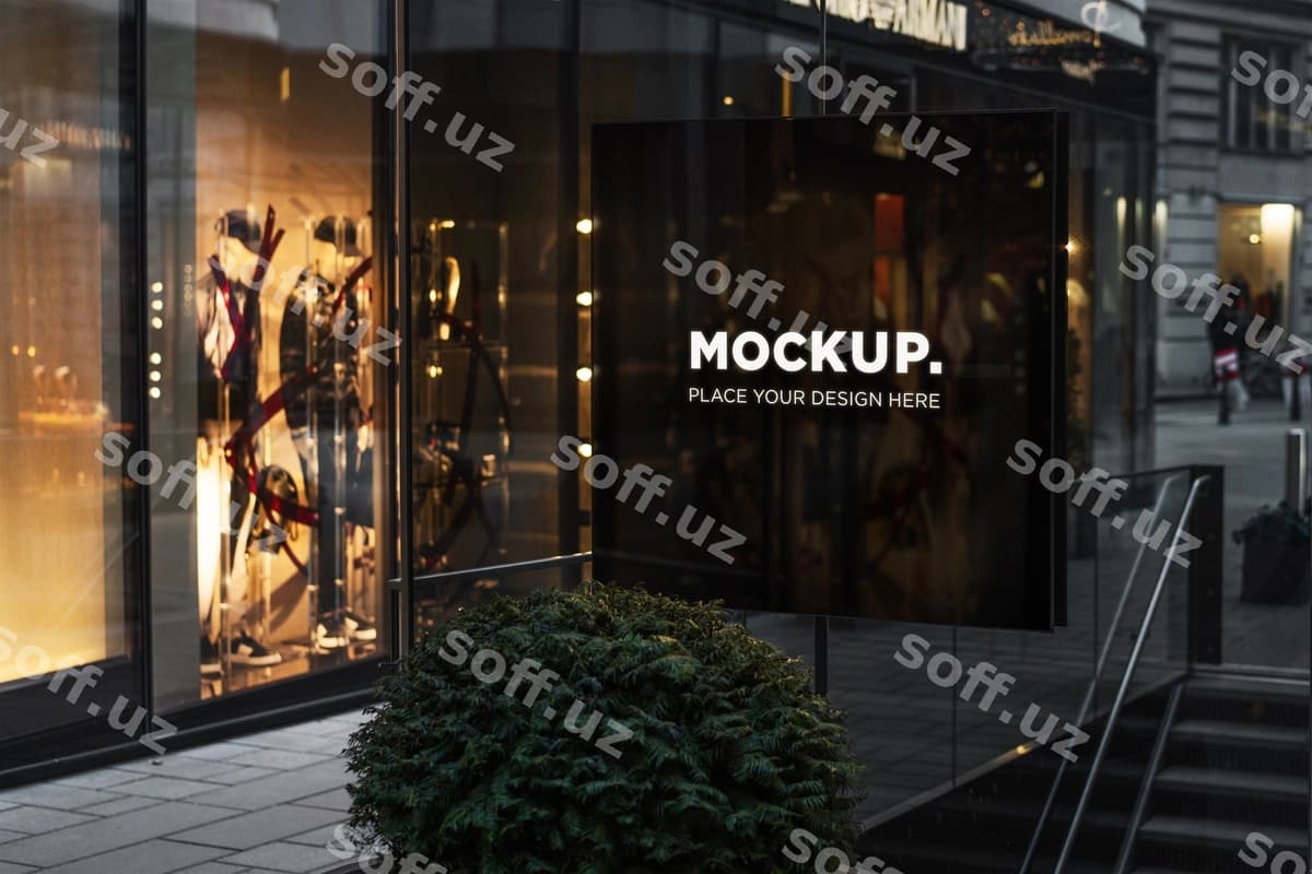 Do'kon belgisi logotipi namunasi yuzani aynalaydi | Shop sign logo mockup mirrors surface