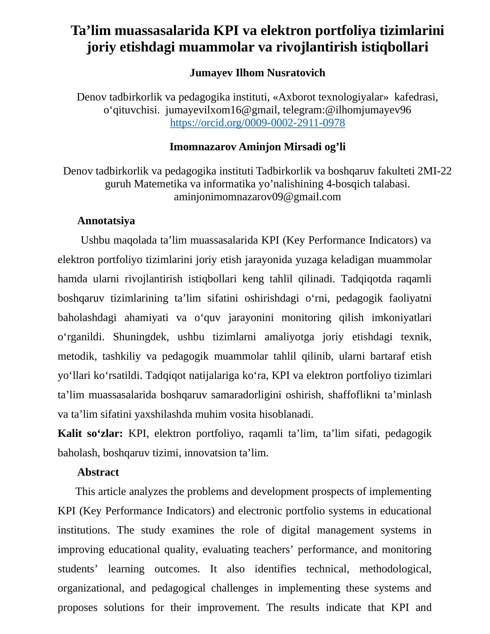 Ta’lim muassasalarida KPI va elektron portfoliya tizimlarini joriy etishdagi muammolar va rivojlantirish istiqbollari