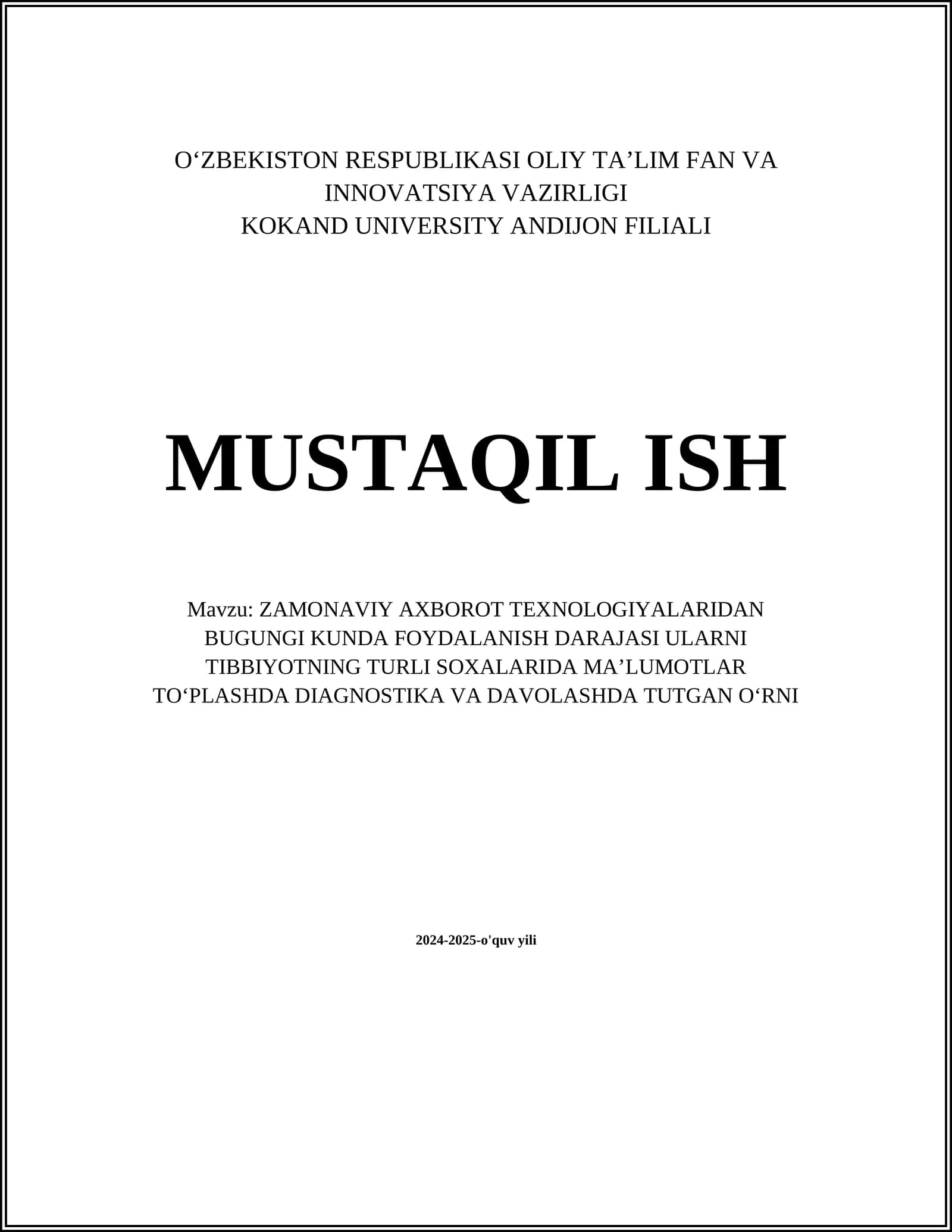 ZAMONAVIY AXBOROT TEXNOLOGIYALARIDAN BUGUNGI KUNDA FOYDALANISH DARAJASI ULARNI TIBBIYOTNING TURLI SOXALARIDA MAʼLUMOTLAR TOʻPLASHDA DIAGNOSTIKA VA DAVOLASHDA TUTGAN OʻRNI