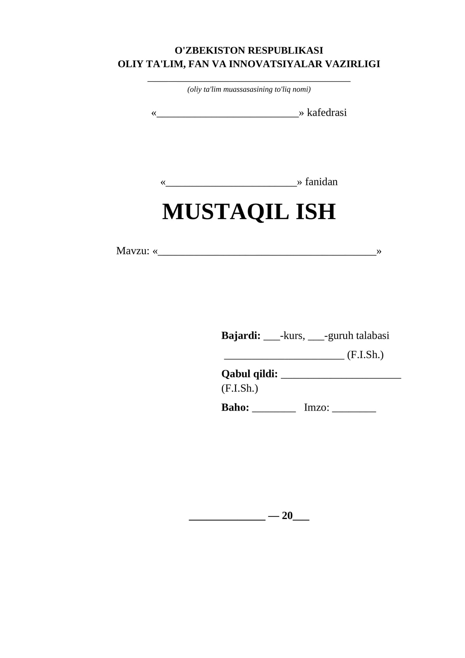 Mustaqil ish titul varagi OTM klassik