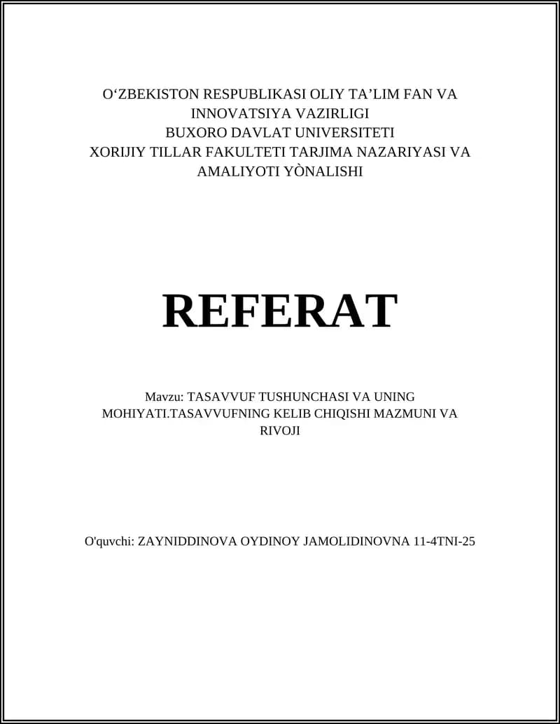 TASAVVUF TUSHUNCHASI VA UNING MOHIYATI