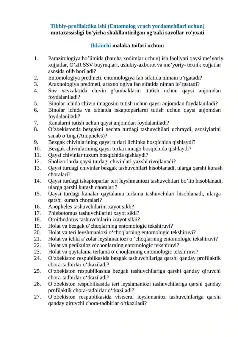 Tibbiy-profilaktika ishi (Entomolog vrach yordamchilari uchun) mutaxassisligi bo'yicha shakllantirilgan og’zaki savollar ro'yxati