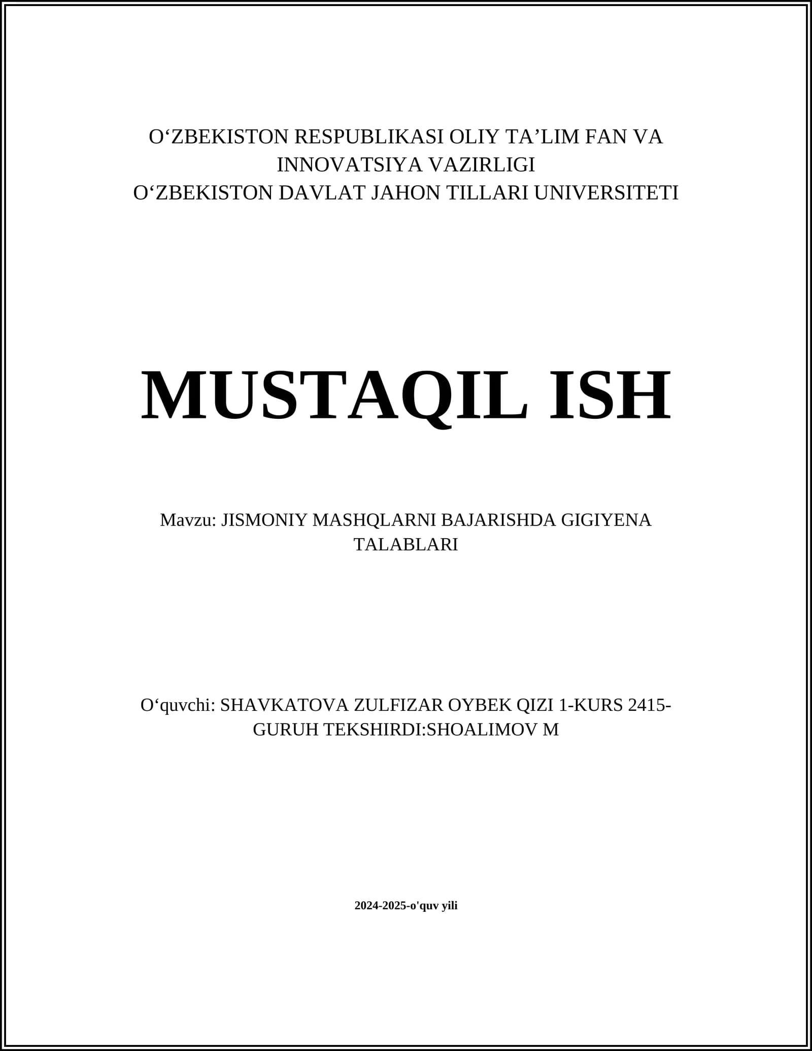 JISMONIY MASHQLARNI BAJARISHDA GIGIYENA TALABLARI