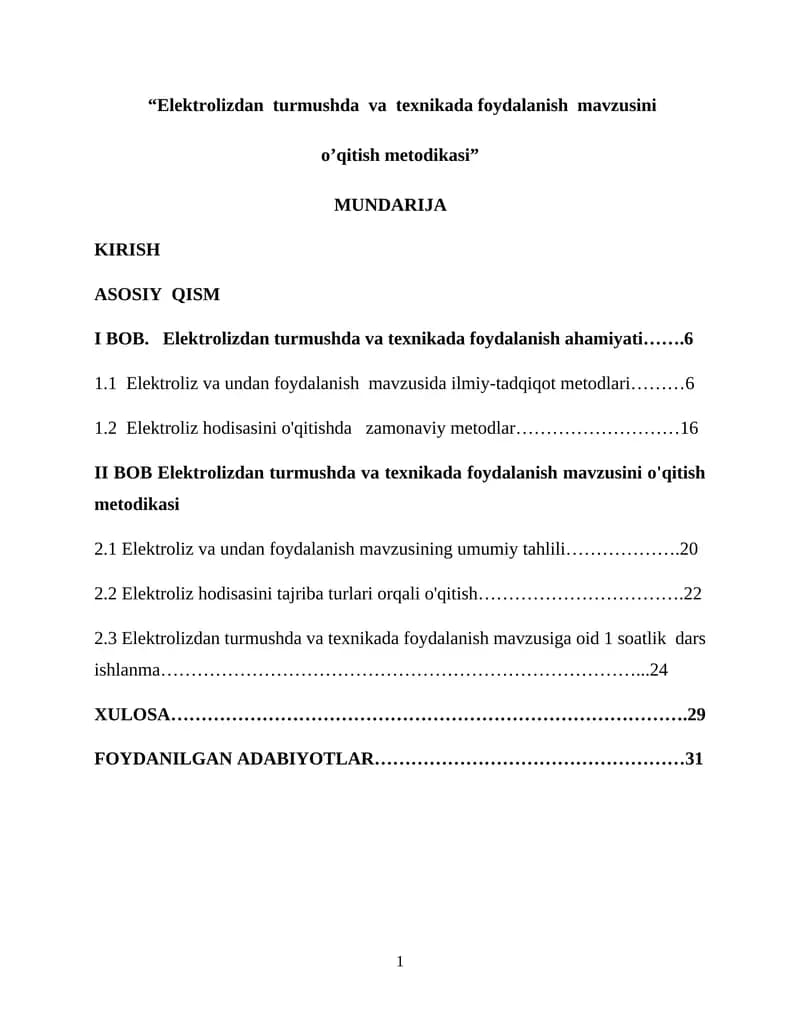 “Elektrolizdan  turmushda  va  texnikada foydalanish  mavzusini  o’qitish metodikasi”