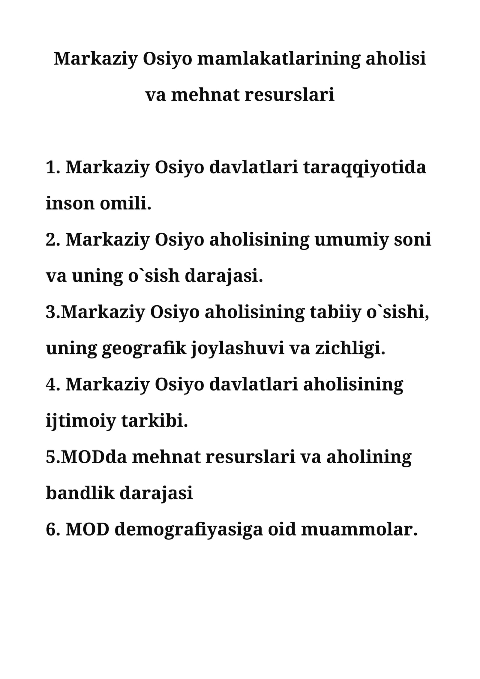 Markaziy Osiyo mamlakatlarining aholisi va mehnat resurslari