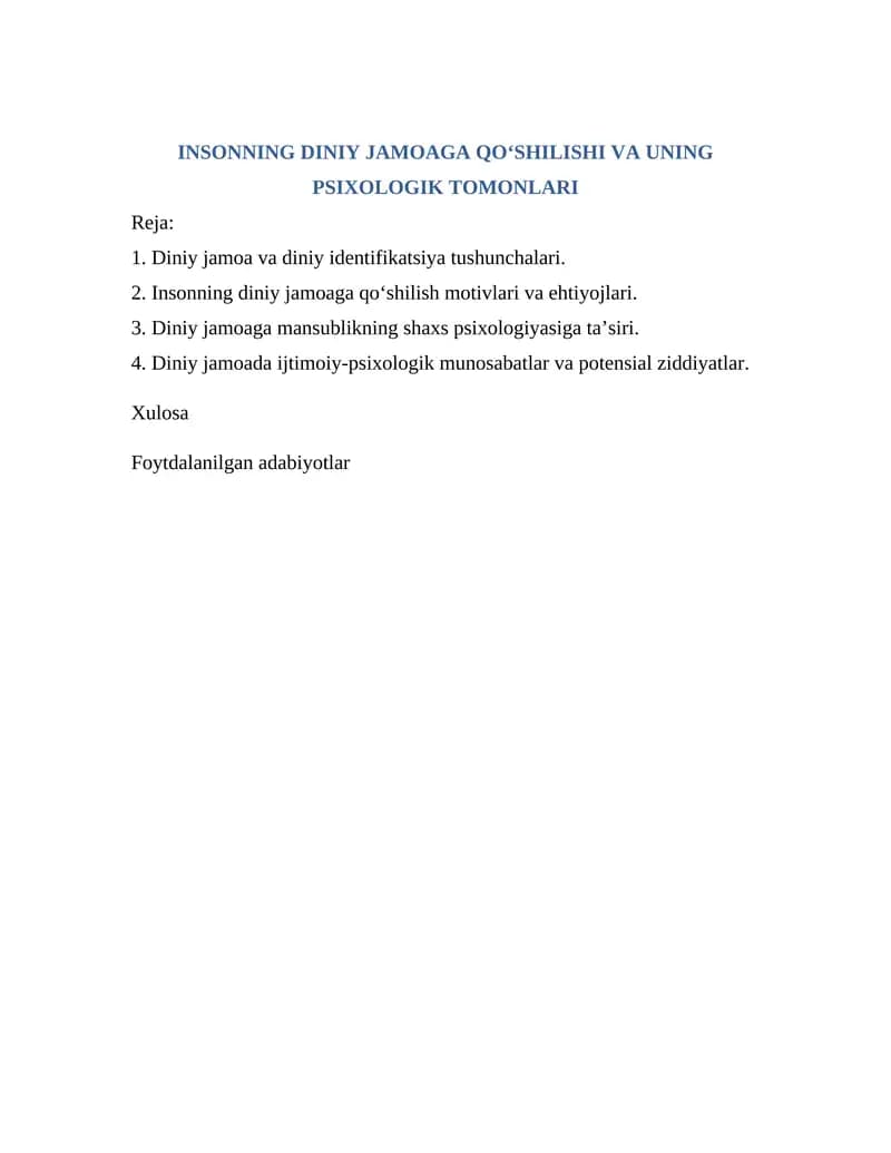 INSONNING DINIY JAMOAGA QO‘SHILISHI VA UNING PSIXOLOGIK TOMONLARI