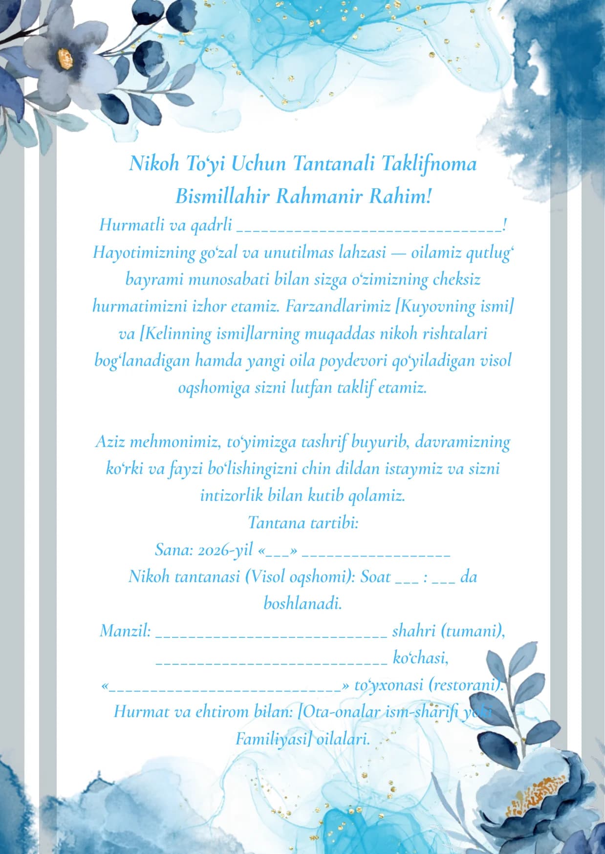 NikohTo‘yi Uchun Tantanali Taklifnoma