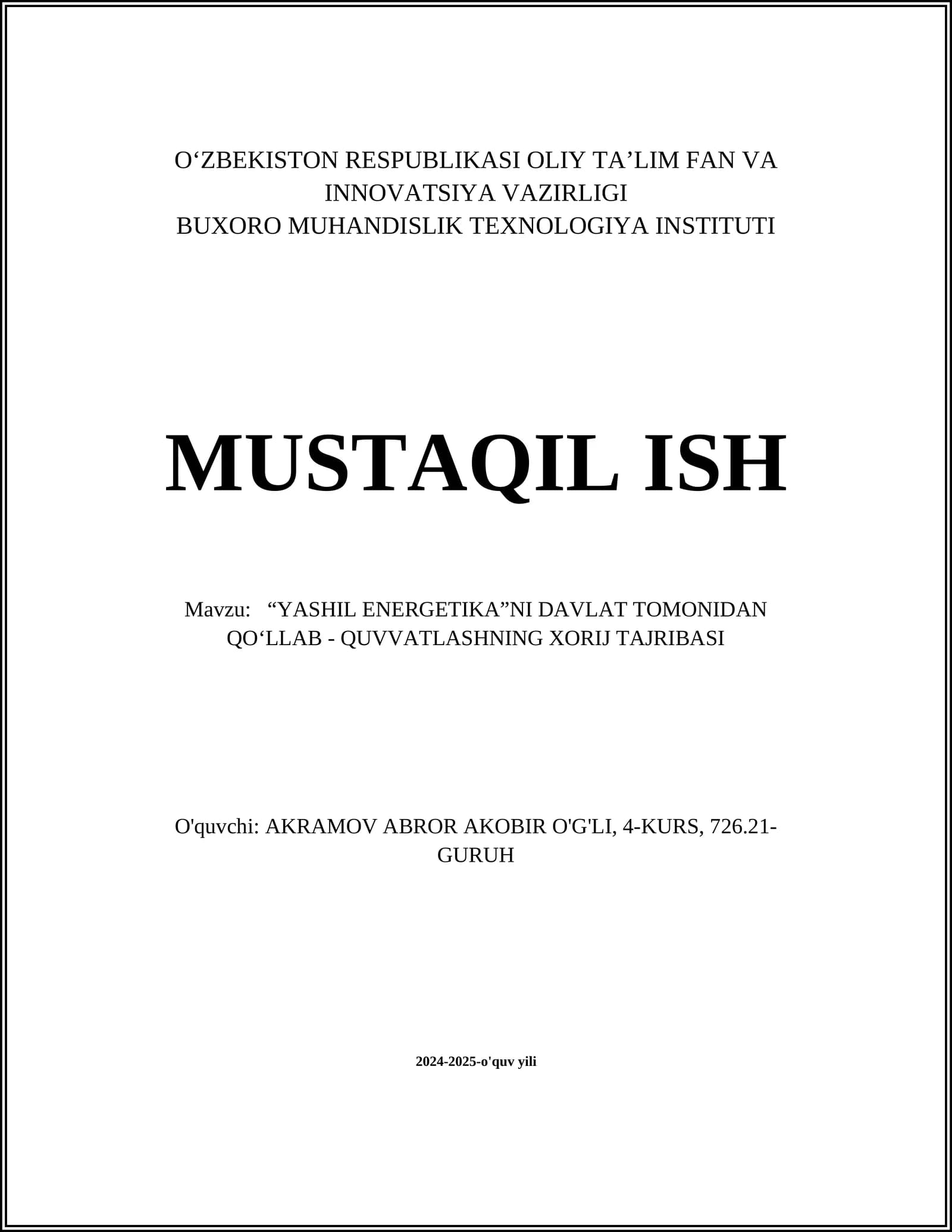 YASHIL ENERGETIKA NI DAVLAT TOMONIDAN QO‘LLAB - QUVVATLASHNING XORIJ TAJRIBASI