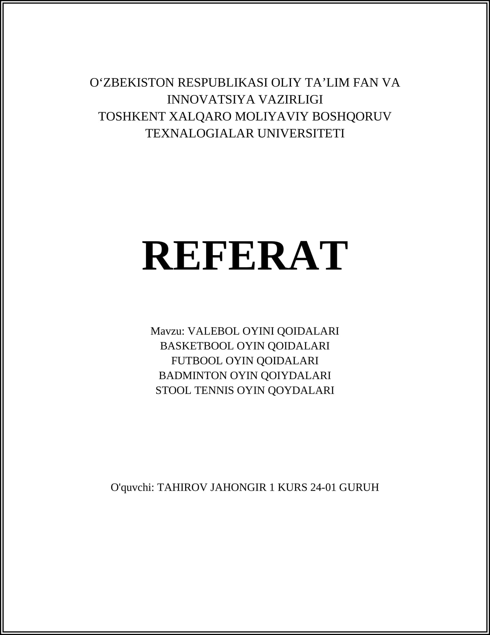 VALEBOL OYINI QOIDALARI