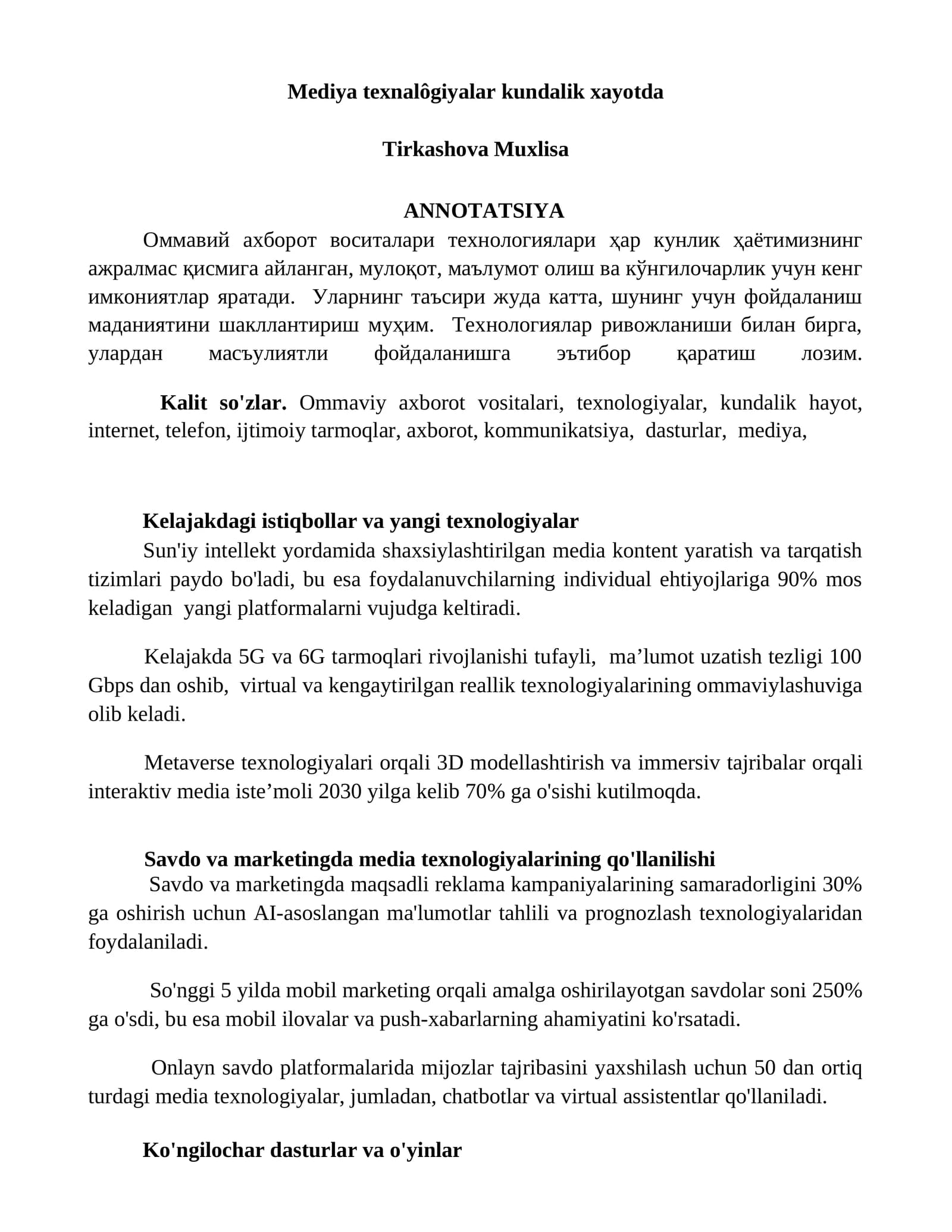 Mediya texnalôgiyalar kundalik xayotda