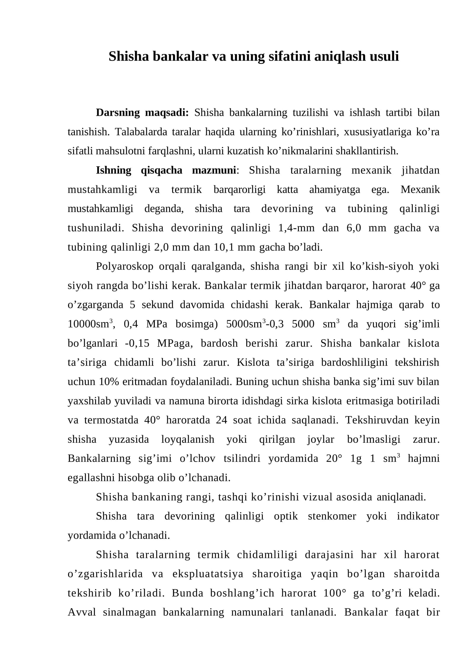 Shisha bankalar va uning sifatini aniqlash usuli