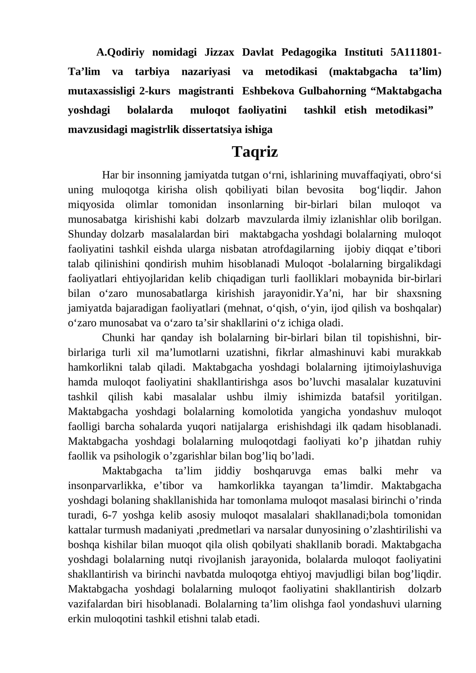 Ta’lim va tarbiya nazariyasi va metodikasi (maktabgacha ta’lim) mutaxassisligi