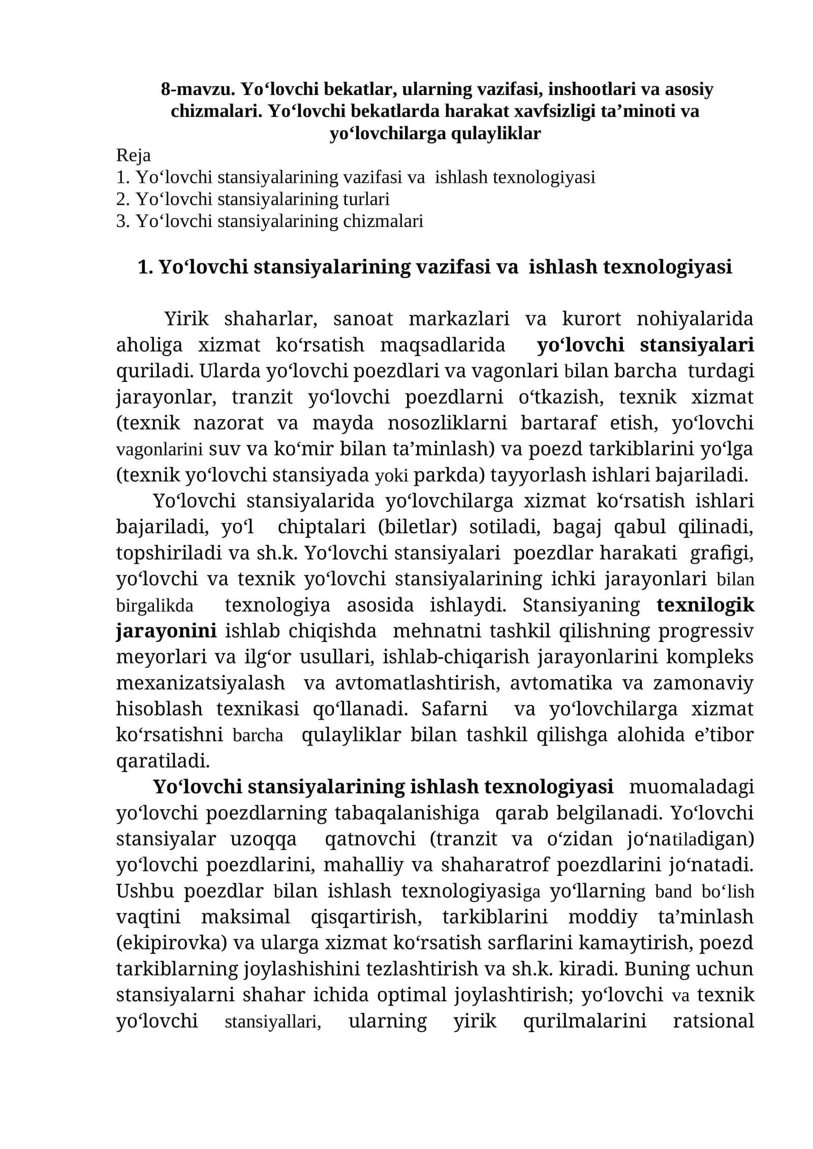 Yo‘lovchi stansiyalarining vazifasi va ishlash texnologiyasi