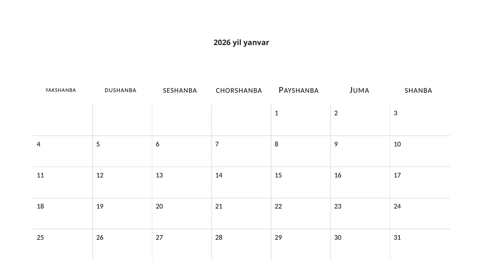 2026-Yil Minimalistik Ishchi Taqvimi Taqdimoti (12 Slayd)