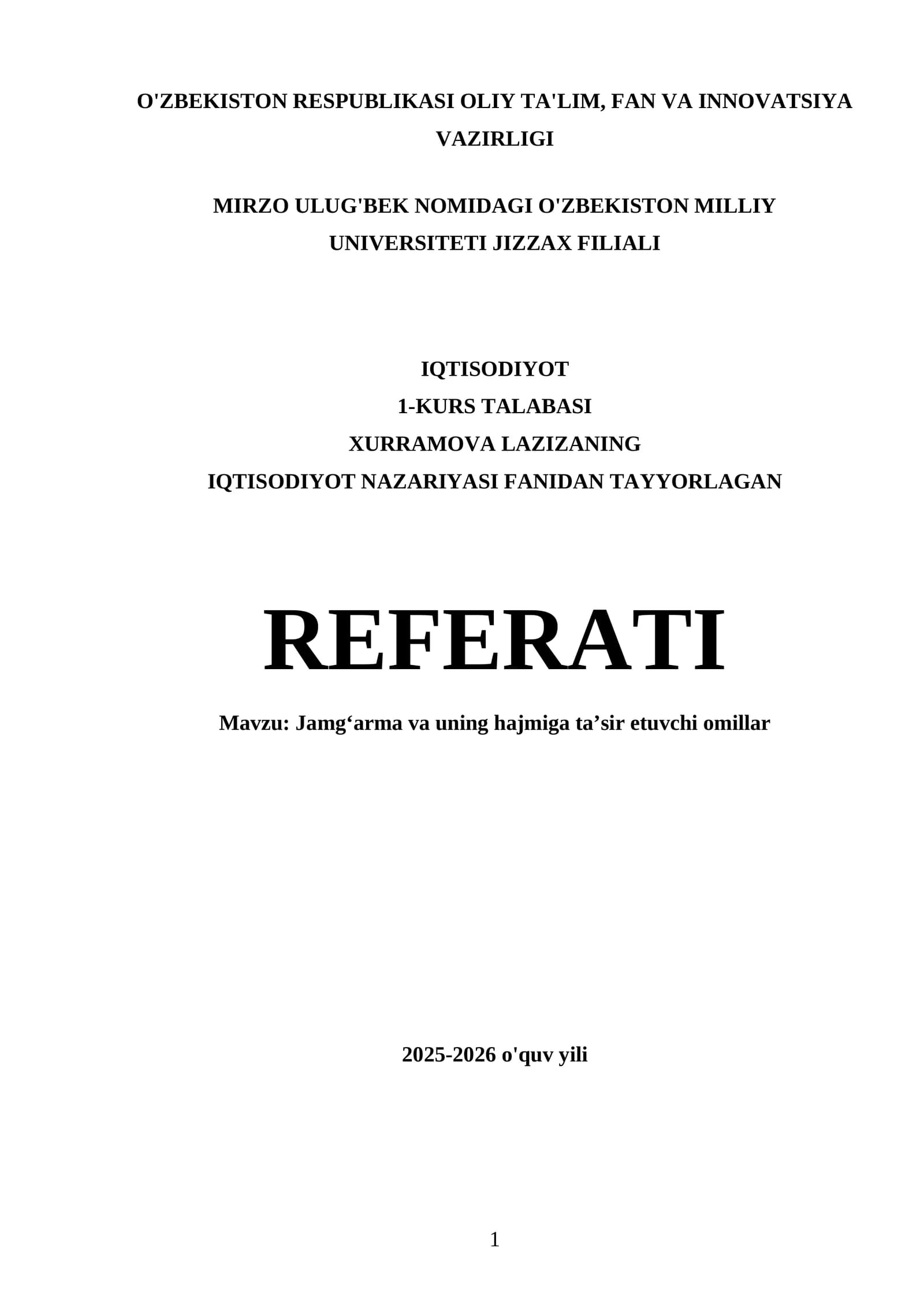 IQTISODIYOT NAZARIYASI FANIDAN TAYYORLAGAN REFERATI