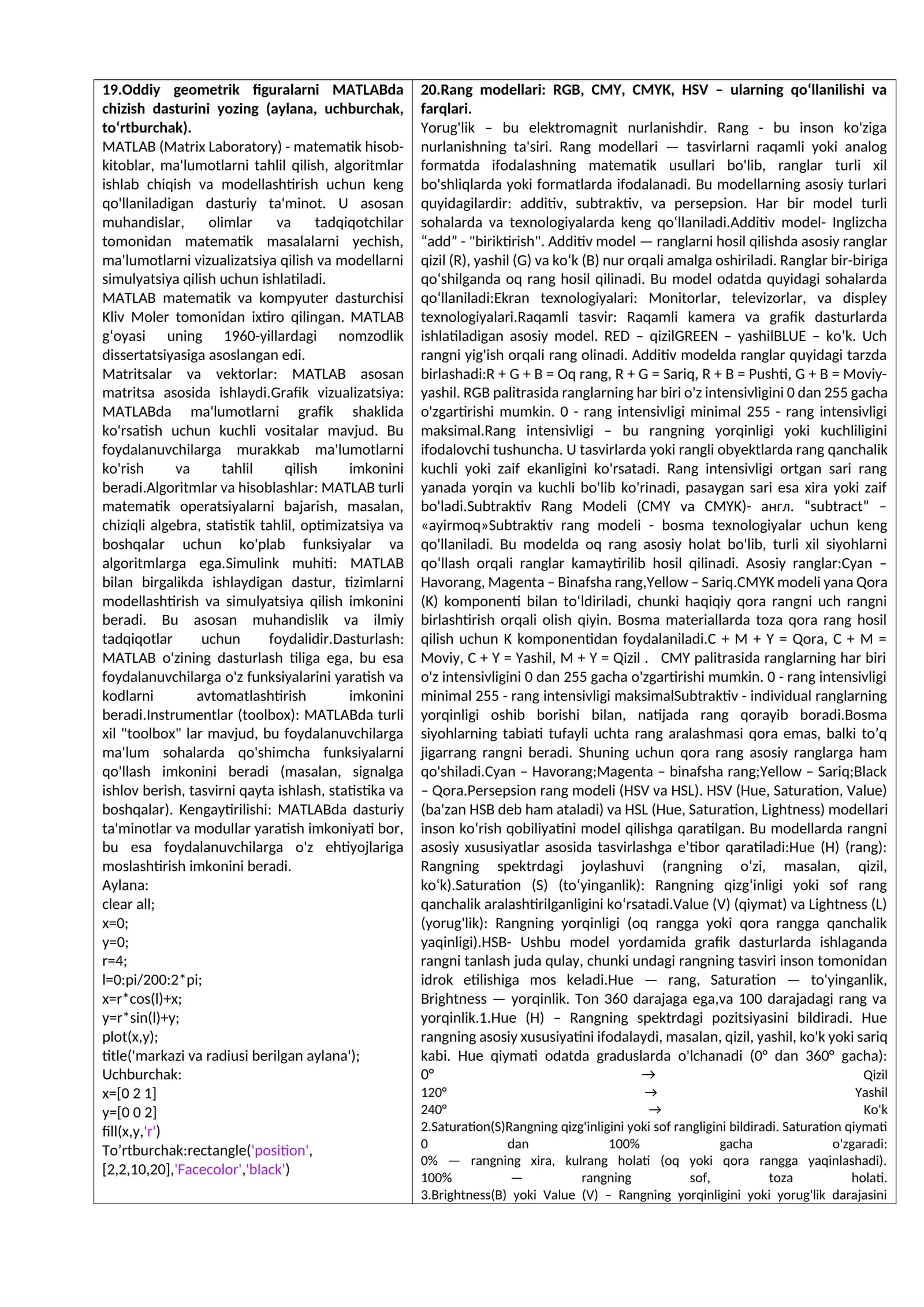 Oddiy geometrik figuralarni MATLABda chizish dasturini yozing