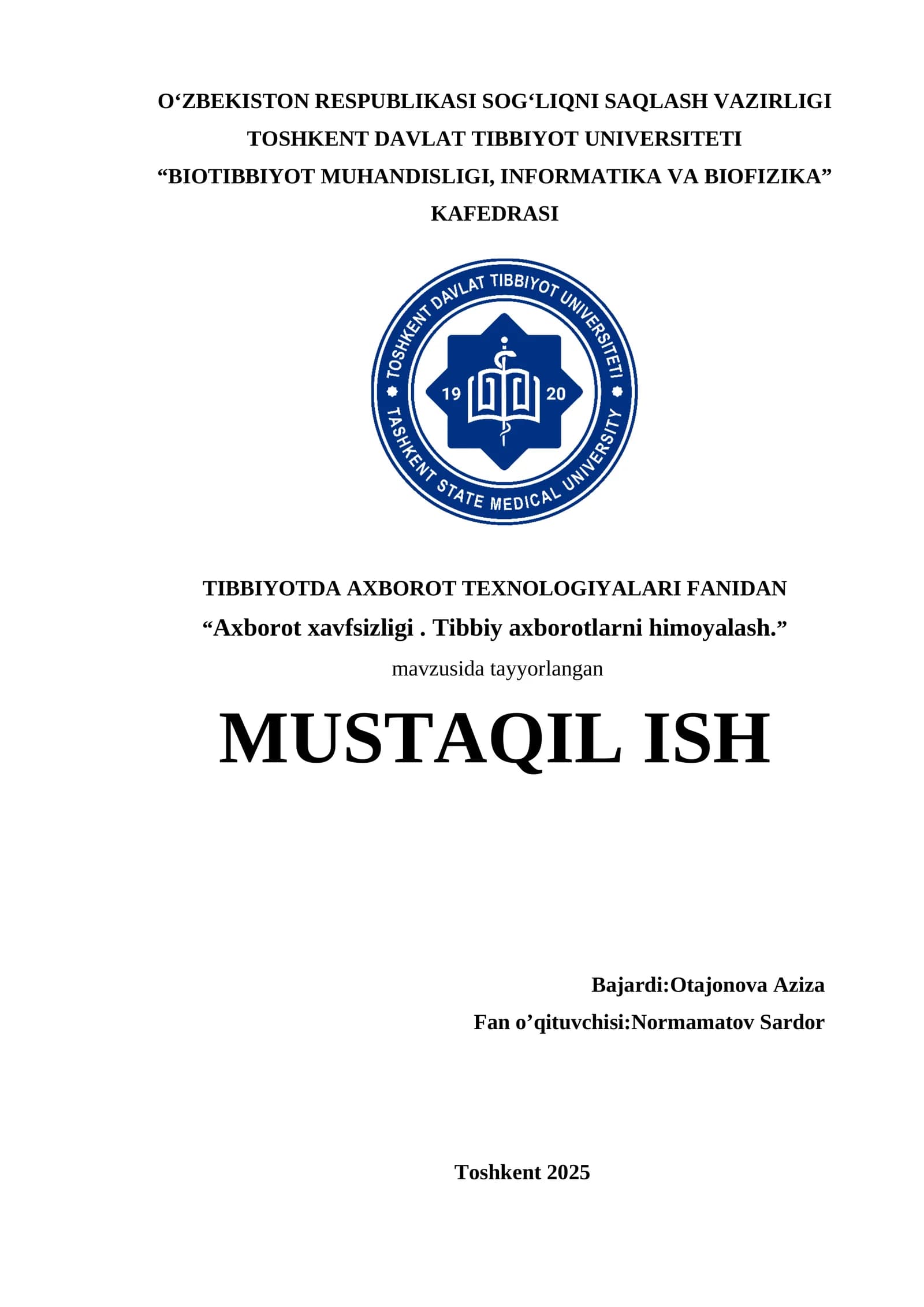 Axborot xavfsizligi. Tibbiy axborotlarni himoyalash
