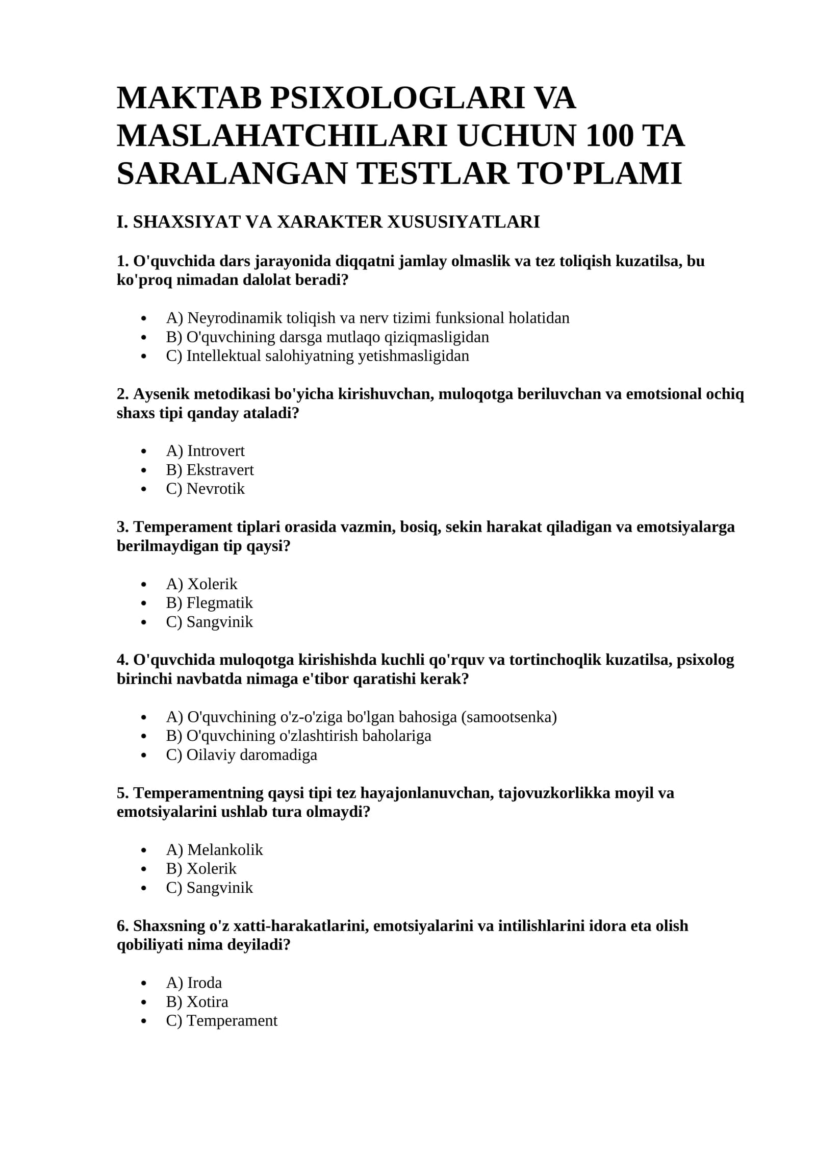Maktab psixologi va maslahatchilari uchun 100 ta saralangan testlar to'plami (A, B, C variantlari va kalitlari bilan)
