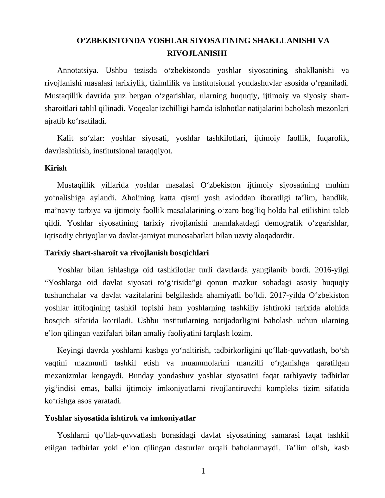 O‘ZBEKISTONDA YOSHLAR SIYOSATINING SHAKLLANISHI VA RIVOJLANISHI