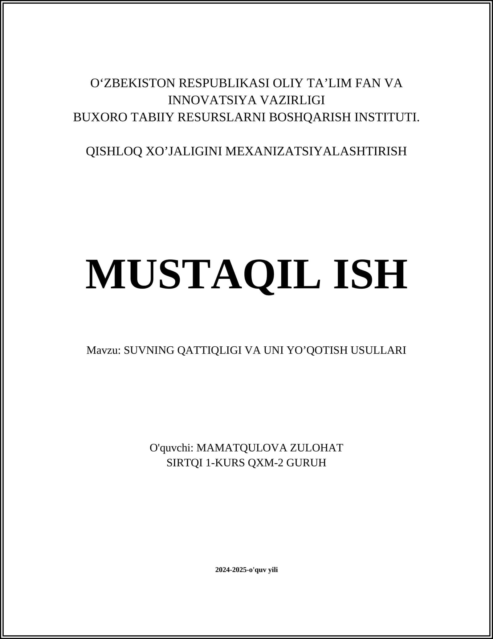 SUVNING QATTIQLIGI VA UNI YO’QOTISH USULLARI