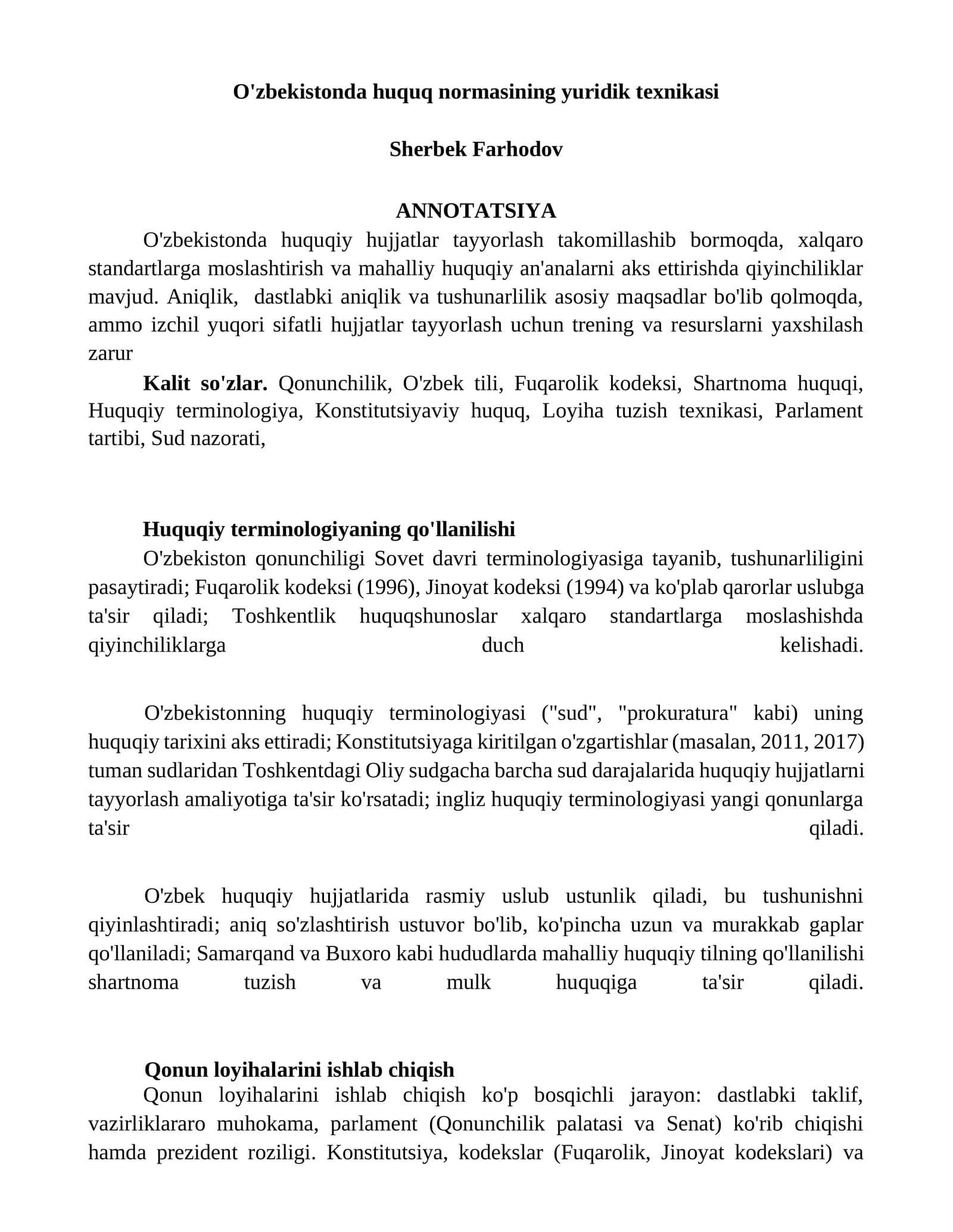 O'zbekistonda huquq normasining yuridik texnikasi