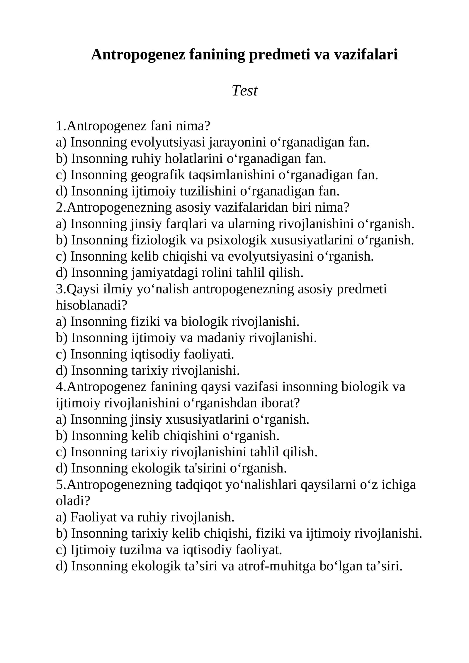 Antropogenez fanining predmeti va vazifalari