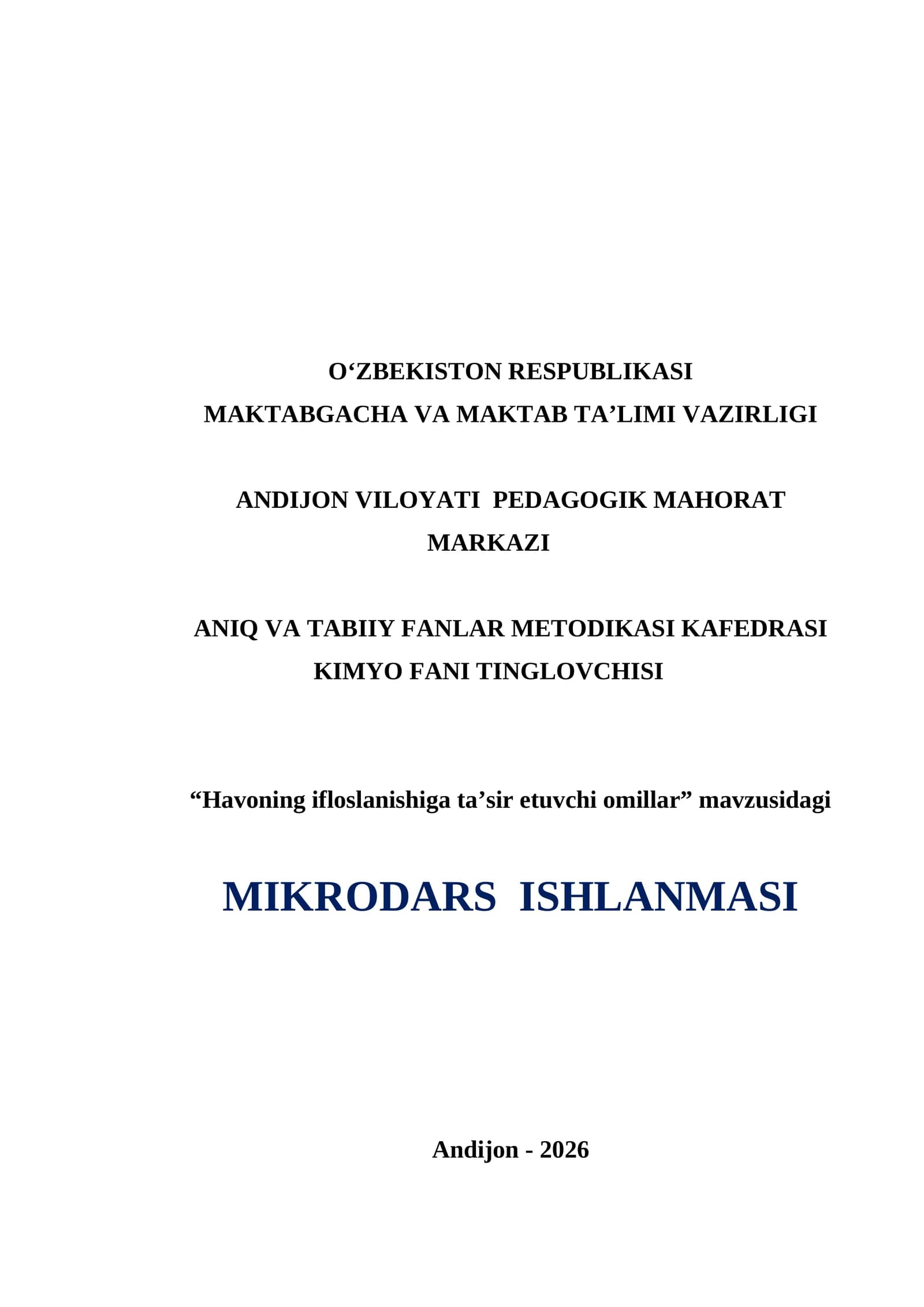 Havoning ifloslanishiga ta'sir etuvchi omillar.  dars ishlanma