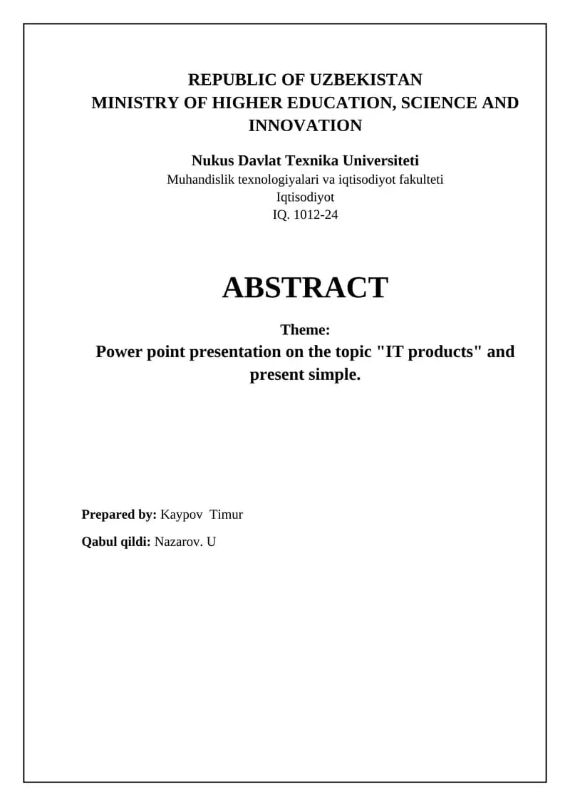 Power point presentation on the topic "IT products" and present simple