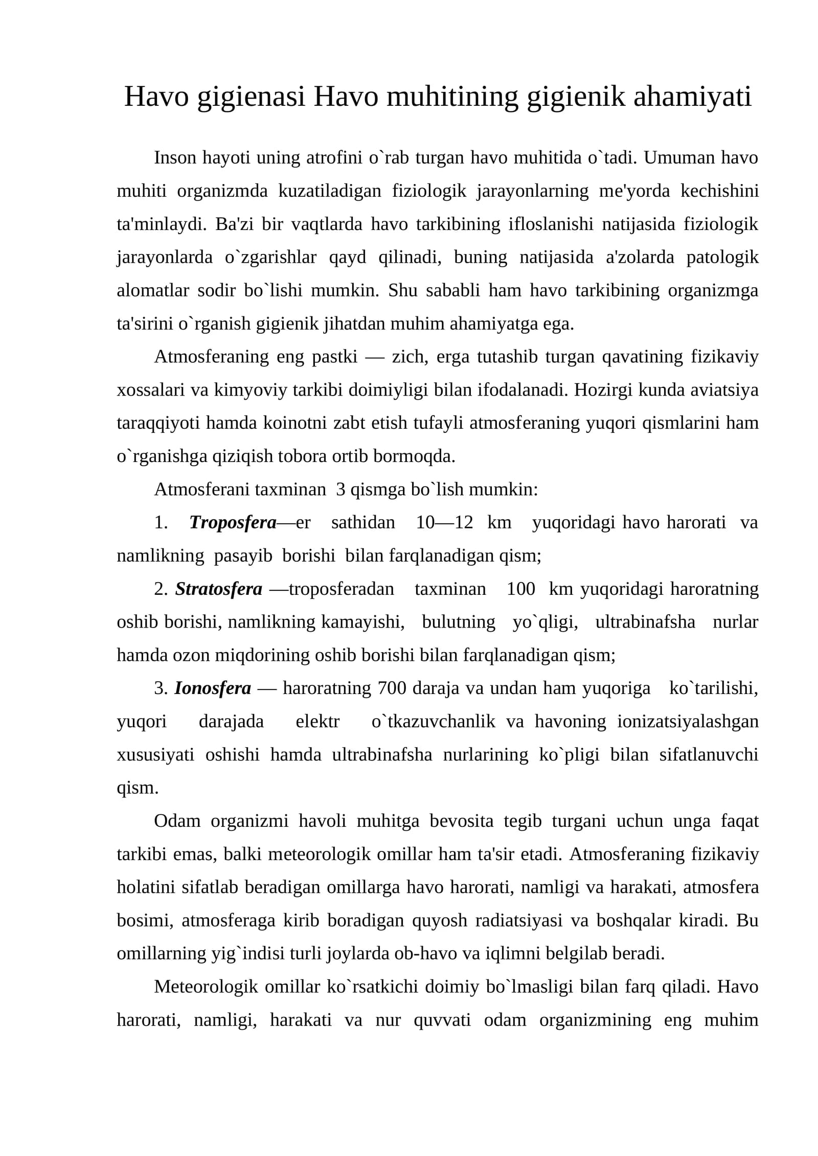 Havo gigiеnasi Havo muhitining gigiеnik ahamiyati