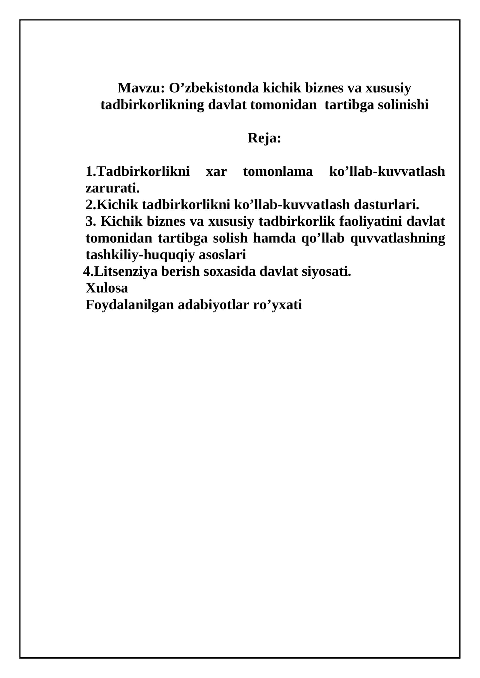 O’zbekistonda kichik biznes va xususiy tadbirkorlikning davlat tomonidan tartibga solinishi