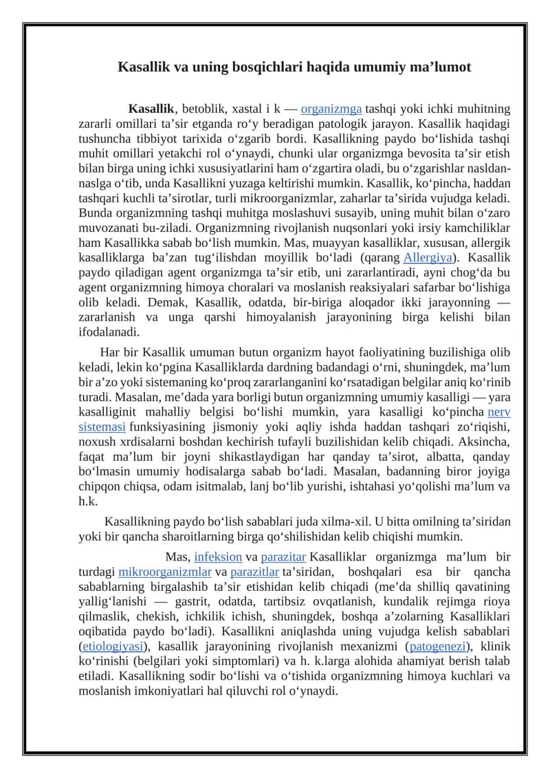Kasallik va uning bosqichlari haqida umumiy ma’lumot