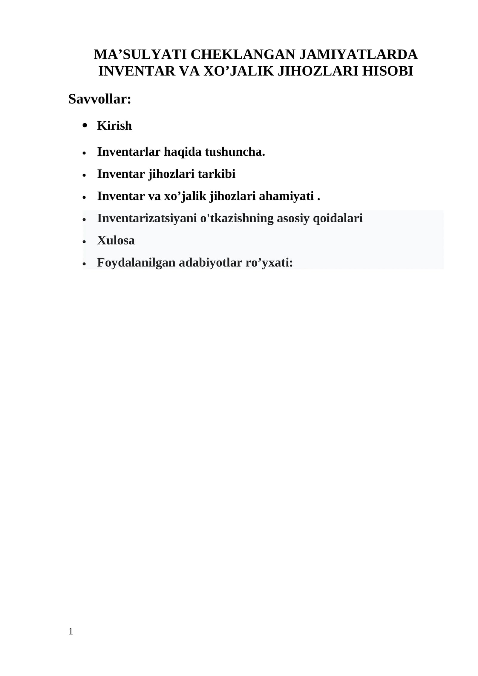 MA’SULYATI CHEKLANGAN JAMIYATLARDA  INVENTAR VA XO’JALIK JIHOZLARI HISOBI
