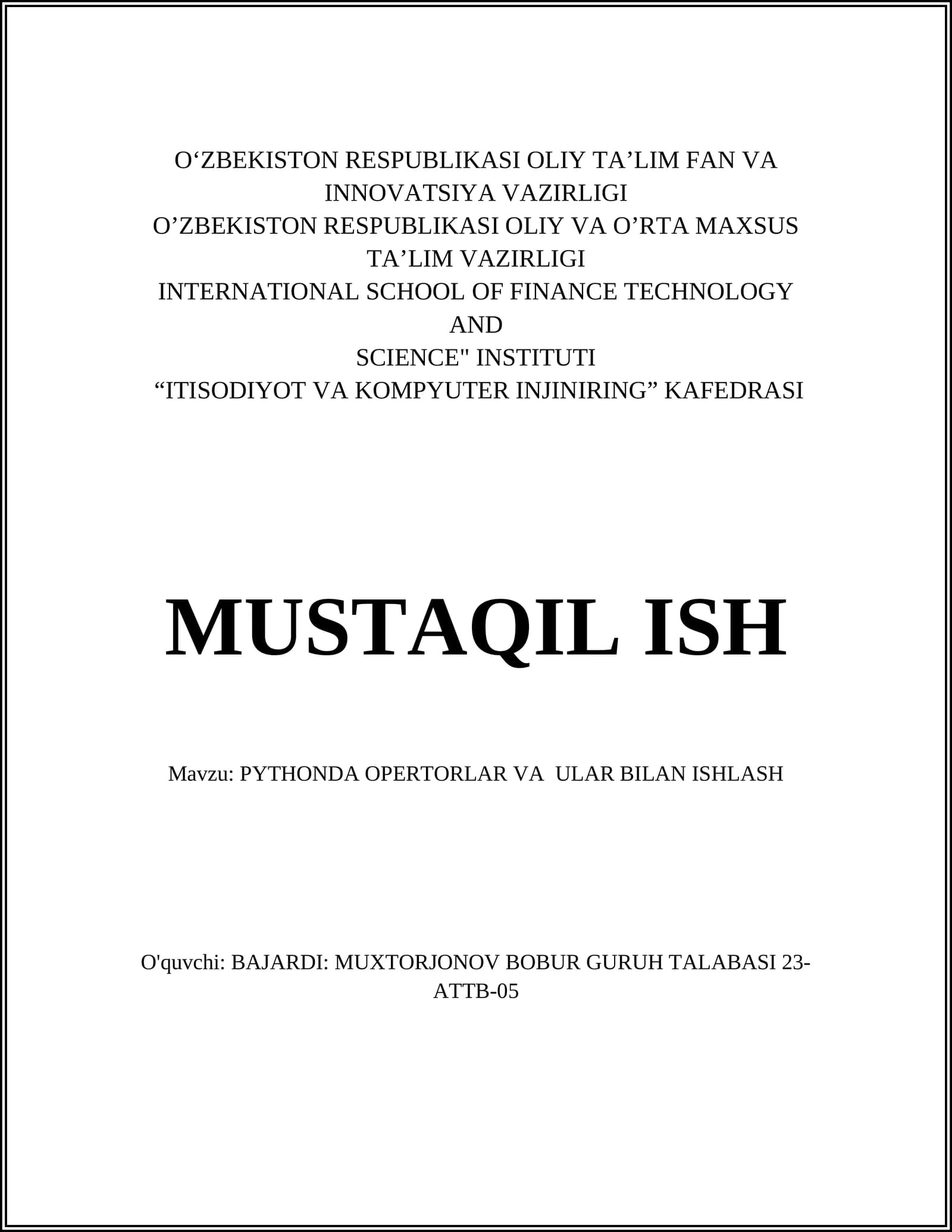 PYTHONDA OPERTORLAR VA ULAR BILAN ISHLASH