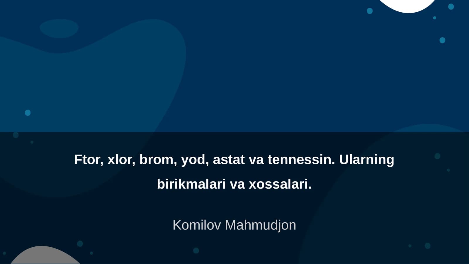 Ftor, xlor, brom, yod, astat va tennessin. Ularning birikmalari va xossalari
